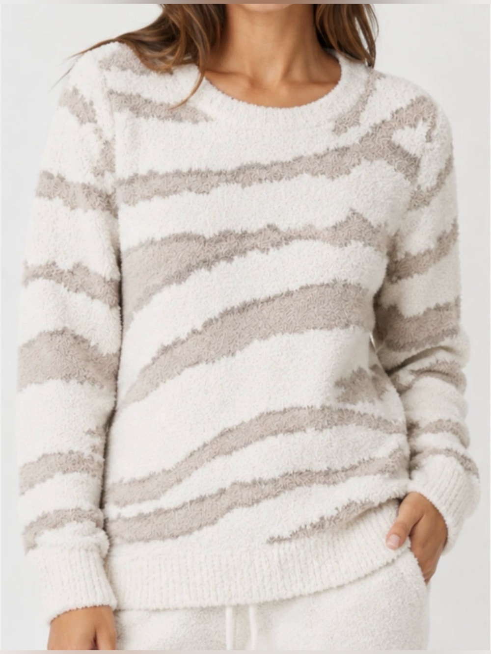 NWT Barefoot Dreams XL Cozychic Seaside Crew Neck Pullover Cream Zebra